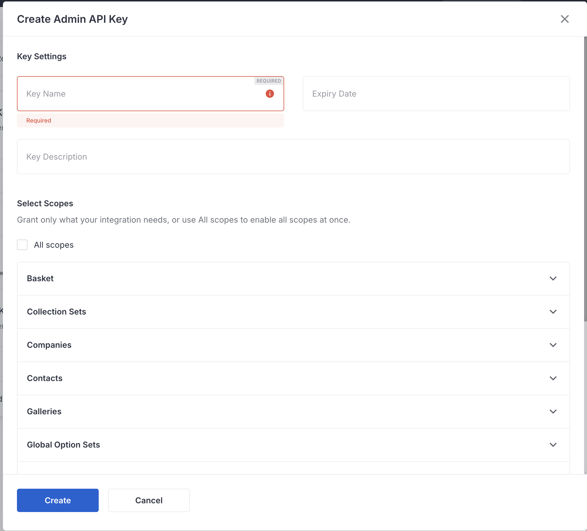 Create Admin API Key dialog with key name, optional expiry date and description, and scope selection