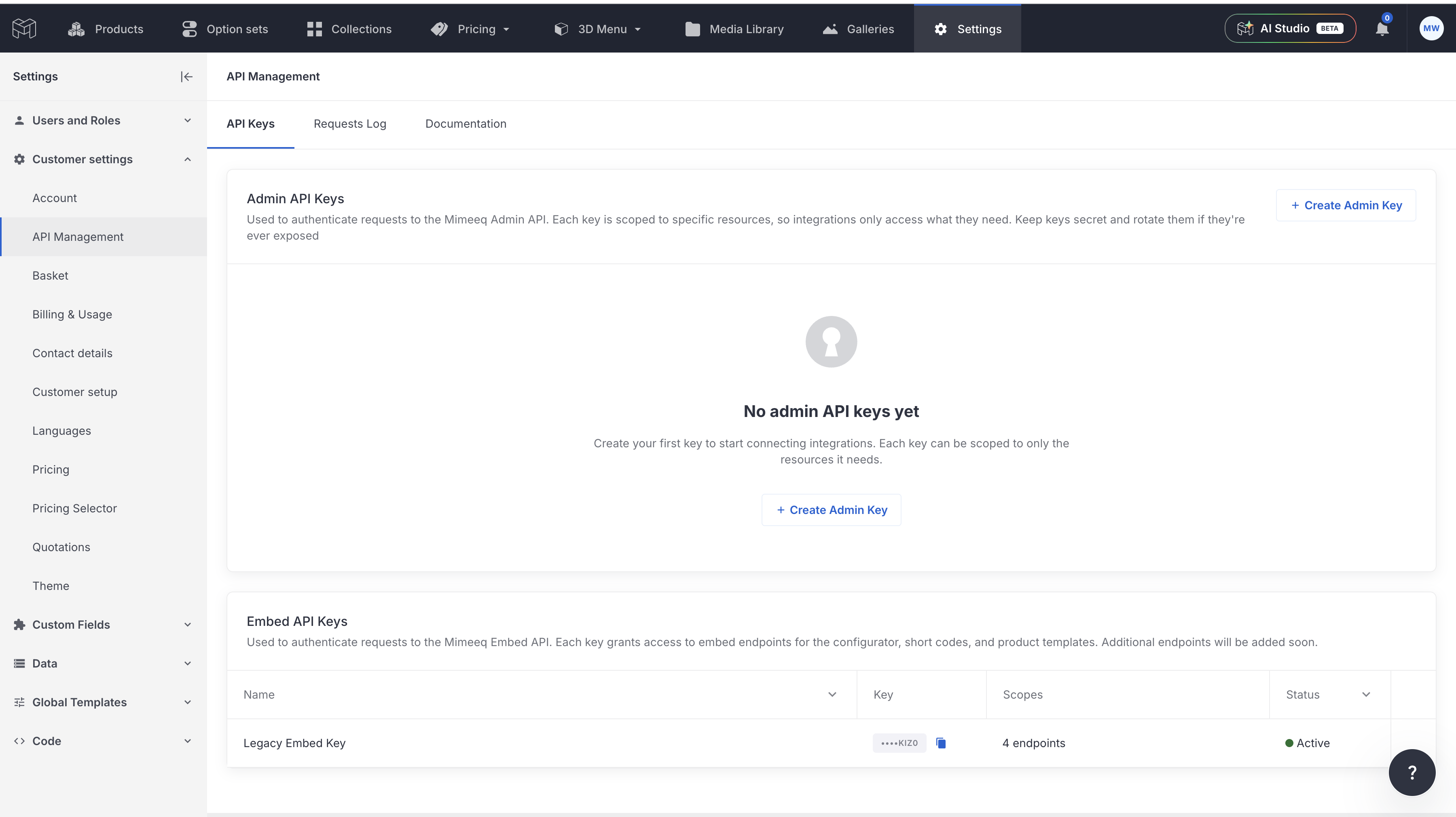 Settings → Customer settings → API Management, with separate Admin API Keys and Embed API Keys sections